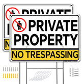 JCHENG SECURITY Aluminium No Trespassing Sign 2pcs 8x12 Inch Yellow Minimalist Sign with Mounting Hardware and Metal Stake for Home Farm Yard Security Warning