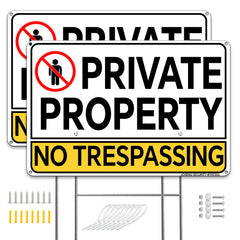 JCHENG SECURITY Aluminium No Trespassing Sign 2pcs 8x12 Inch Yellow Minimalist Sign with Mounting Hardware and Metal Stake for Home Farm Yard Security Warning