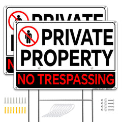 No Trespassing Aluminum Sign Private Property 8x12 Inch 2 Pack Keep Out Sign with Mounting Hardware and Metal Stake for Home Farm Yard Red