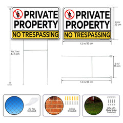 JCHENG SECURITY Aluminium No Trespassing Sign 2pcs 8x12 Inch Yellow Minimalist Sign with Mounting Hardware and Metal Stake for Home Farm Yard Security Warning