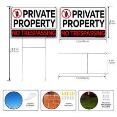 No Trespassing Aluminum Sign Private Property 8x12 Inch 2 Pack Keep Out Sign with Mounting Hardware and Metal Stake for Home Farm Yard Red