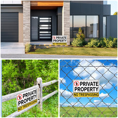 JCHENG SECURITY Aluminium No Trespassing Sign 2pcs 8x12 Inch Yellow Minimalist Sign with Mounting Hardware and Metal Stake for Home Farm Yard Security Warning