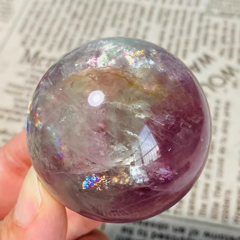 Natural Pink Fluorite Crystal Sphere - 4.9cm w/Rainbow Flash & Display Stand | Feng Shui Decor 202g