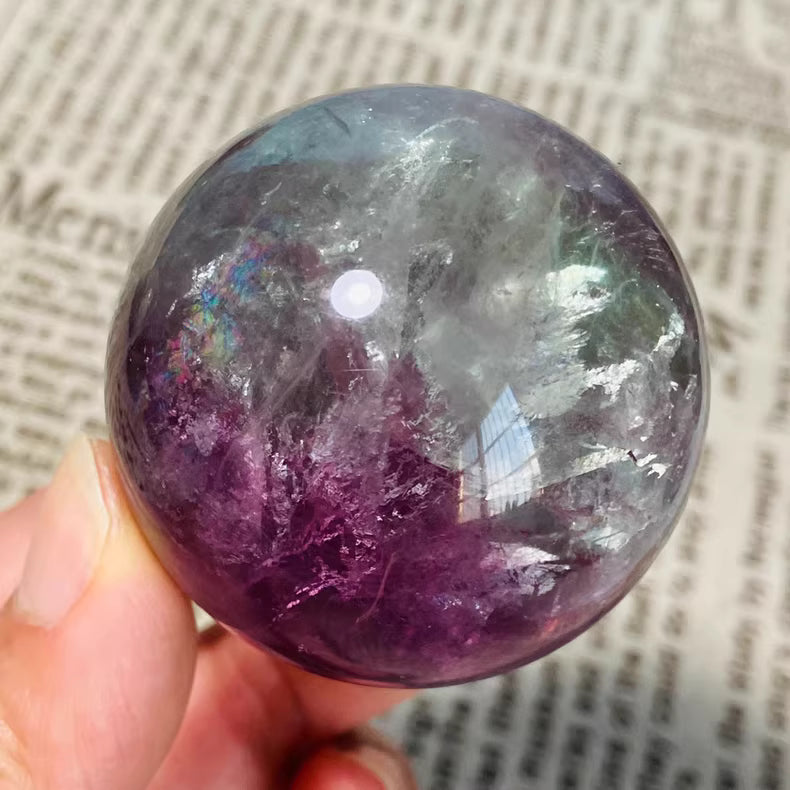 48mm Purple Fluorite Sphere | Natural Rainbow Crystal Ball w/Wood Base | Office/Bedroom Decor 188g