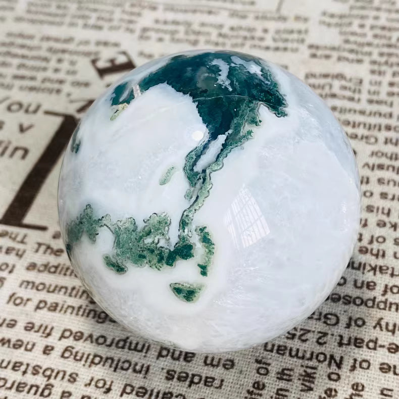 Natural Moss Agate Sphere 6.6cm - 396g Hand-Polished Crystal Ball Decor w/ Green Dendrites
