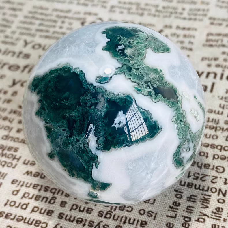 Natural Moss Agate Sphere 6.6cm - 396g Hand-Polished Crystal Ball Decor w/ Green Dendrites