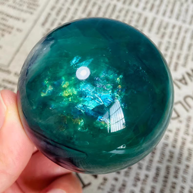 Raw Green Fluorite Crystal Sphere | 5.9cm w/Natural Rainbows | Feng Shui Wealth Decor 341g