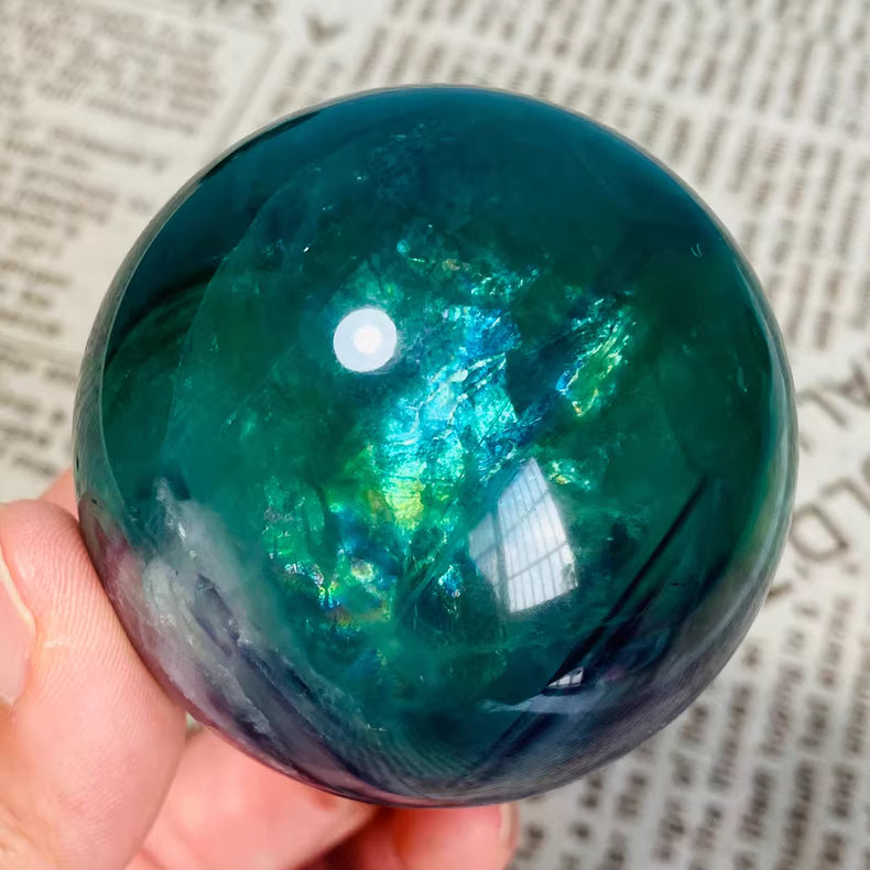 Raw Green Fluorite Crystal Sphere | 5.9cm w/Natural Rainbows | Feng Shui Wealth Decor 341g