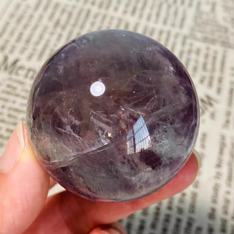 48mm Purple Fluorite Sphere | Natural Rainbow Crystal Ball w/Wood Base | Office/Bedroom Decor 188g