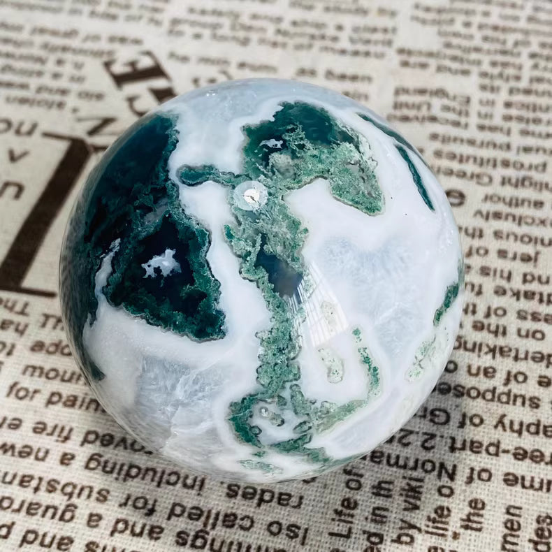 Natural Moss Agate Sphere 6.6cm - 396g Hand-Polished Crystal Ball Decor w/ Green Dendrites