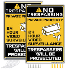 No Trespassing Sign Aluminum 2 Pack Private Property Sign 24 Hour Video Surveillance 8x12 Inch Durable Weatherproof Aluminum Sign Mounting Hardware for Home Farm Yard Garden Wall Decor Home Business