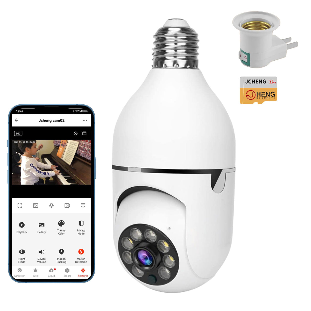 JCHENG Light Bulb Security Camera | 4MP 355° Rotating Guard | Compatible with Alexa/Google Assistant/Alarm System | SD Card Included |Indoor