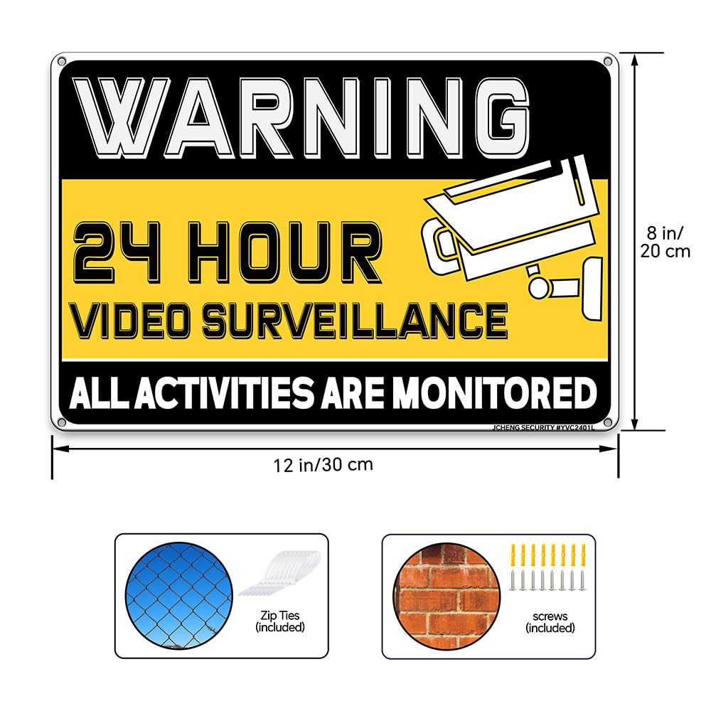 Video Surveillance Sign All Activities Monitored 2 Pack 8 x 12 Inches Aluminum Durable Weatherproof Outdoor Signs with Mounting Hardware for Home Farm Yard Garden Wall Décor