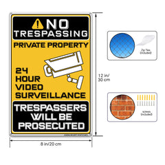 No Trespassing Sign Aluminum 2 Pack Private Property Sign 24 Hour Video Surveillance 8x12 Inch Durable Weatherproof Aluminum Sign Mounting Hardware for Home Farm Yard Garden Wall Decor Home Business