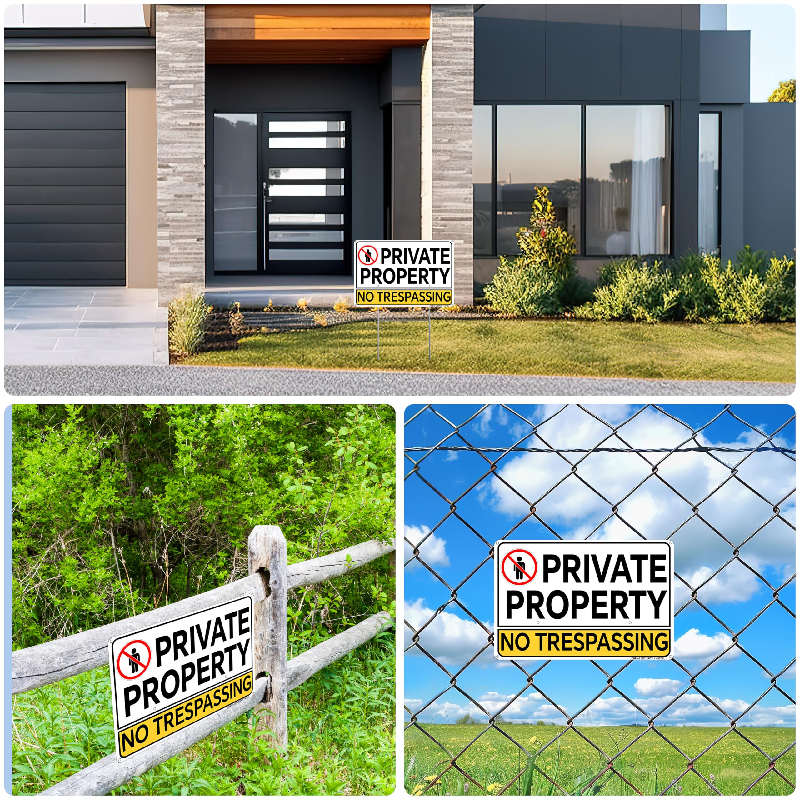 JCHENG SECURITY Aluminium No Trespassing Sign 2pcs 8x12 Inch Yellow Minimalist Sign with Mounting Hardware and Metal Stake for Home Farm Yard Security Warning