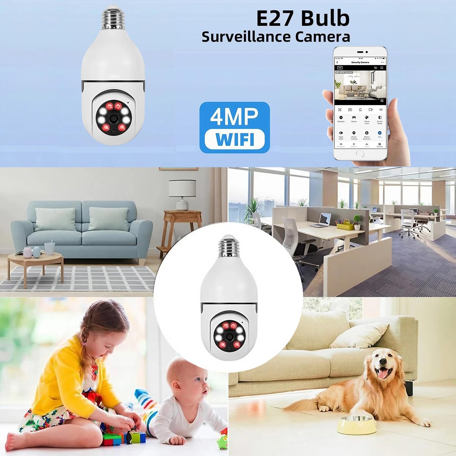 JCHENG Light Bulb Security Camera | 4MP 355° Rotating Guard | Compatible with Alexa/Google Assistant/Alarm System | SD Card Included |Indoor